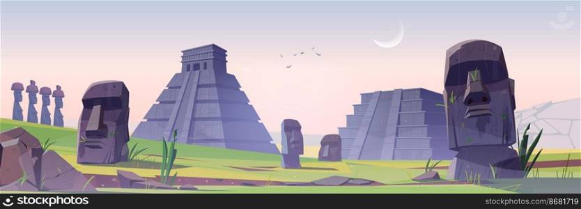 Ancient mayan pyramids and moai statues on Easter island sunrise morning landscape. South american landmarks Chichen Itza and Kukulkan temples with stone sculptures heads, Cartoon vector illustration. Ancient mayan pyramids and moai statues landmarks