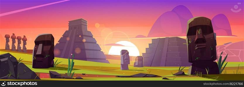 Ancient mayan pyramids and moai statues on Easter island sunset or sunrise landscape. South american landmarks Chichen Itza and Kukulkan temples with stone sculptures, Cartoon vector illustration. Ancient mayan pyramids and moai statues at sunset
