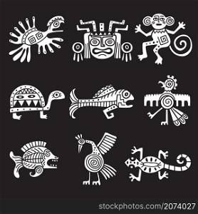 Ancient mexican symbol. Aztec tribal traditional symbols ornamental animals mayan objects recent vector illustrations. Aztec mexican animal turtle monkey and fish native design. Ancient mexican symbol. Aztec tribal traditional symbols ornamental animals mayan objects recent vector illustrations