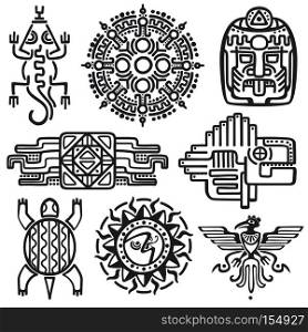 Ancient mexican vector mythology symbols. american aztec, mayan culture native totem patterns. Aztec and mexican tattoo, illustration of mayan symbol tattoo. Ancient mexican vector mythology symbols. american aztec, mayan culture native totem patterns