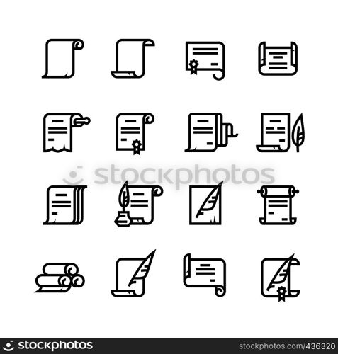 Ancient paper scrolls and documents vector icons. Simple diploma symbols. Illustration of ancient document certificate paper, linear diploma scroll. Ancient paper scrolls and documents vector icons. Simple diploma symbols