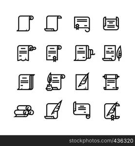 Ancient paper scrolls and documents vector icons. Simple diploma symbols. Illustration of ancient document certificate paper, linear diploma scroll. Ancient paper scrolls and documents vector icons. Simple diploma symbols