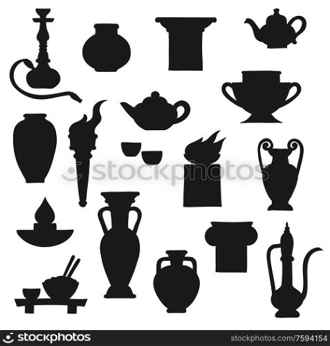 Ancient pottery vector black silhouettes of greek amphora, chinese vase and indian oil lamp. Antique ceramic teapot, copper jug and fire bowls, torch, plate and hookah pipe, cups, columns and jars. Ancient amphora, vase, torch and teapot