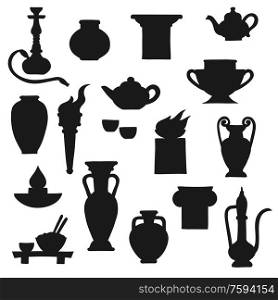 Ancient pottery vector black silhouettes of greek amphora, chinese vase and indian oil lamp. Antique ceramic teapot, copper jug and fire bowls, torch, plate and hookah pipe, cups, columns and jars. Ancient amphora, vase, torch and teapot