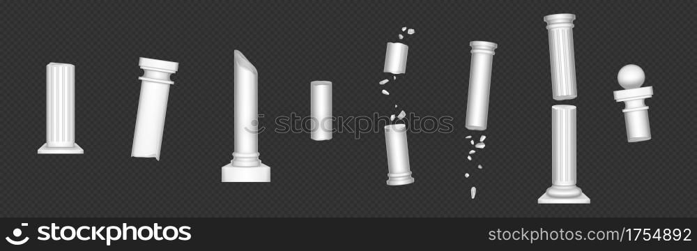 Ancient roman columns, broken marble architecture elements. Vector realistic old destroyed antique greek white stone pillars with pieces isolated on transparent background. Ancient roman columns, broken marble pillars