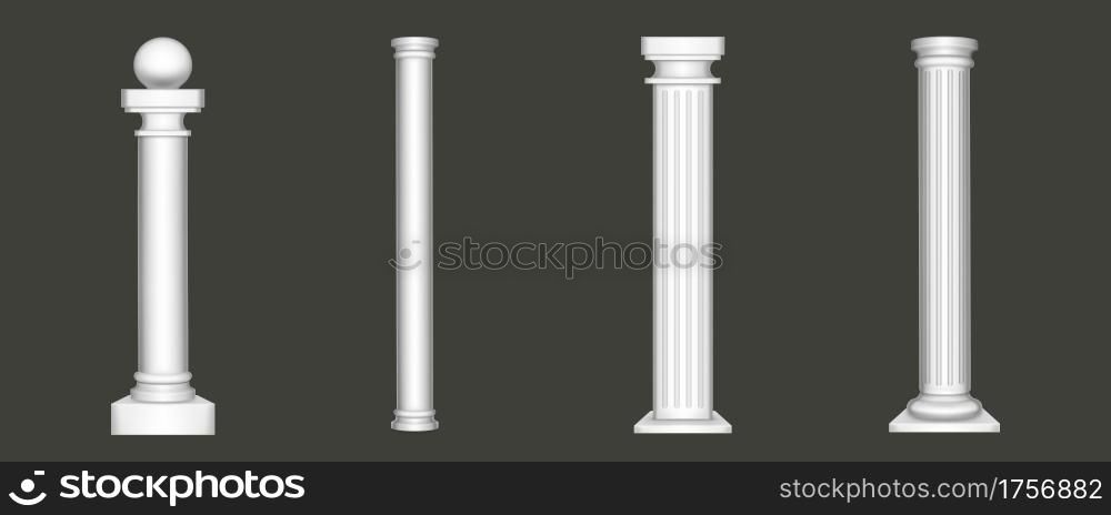 Ancient roman columns, white marble architecture decor. Vector realistic antique greek stone pillars with capitals in doric, and tuscan style isolated on gray background. Ancient white marble greek pillars