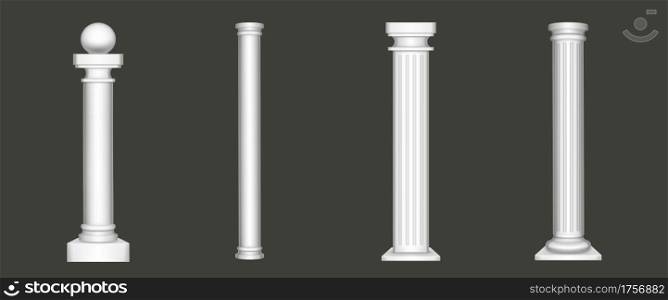 Ancient roman columns, white marble architecture decor. Vector realistic antique greek stone pillars with capitals in doric, and tuscan style isolated on gray background. Ancient white marble greek pillars