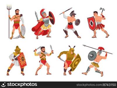Ancient roman gladiators. People in armor. Warriors with different weapons. Helmets and shields. Isolated historical soldier characters. Brave fighter poses with spears and axes. Splendid vector set. Ancient roman gladiators. People in armor. Warriors with different weapons. Helmets and shields. Historical soldier characters. Fighter poses with spears and axes. Splendid vector set