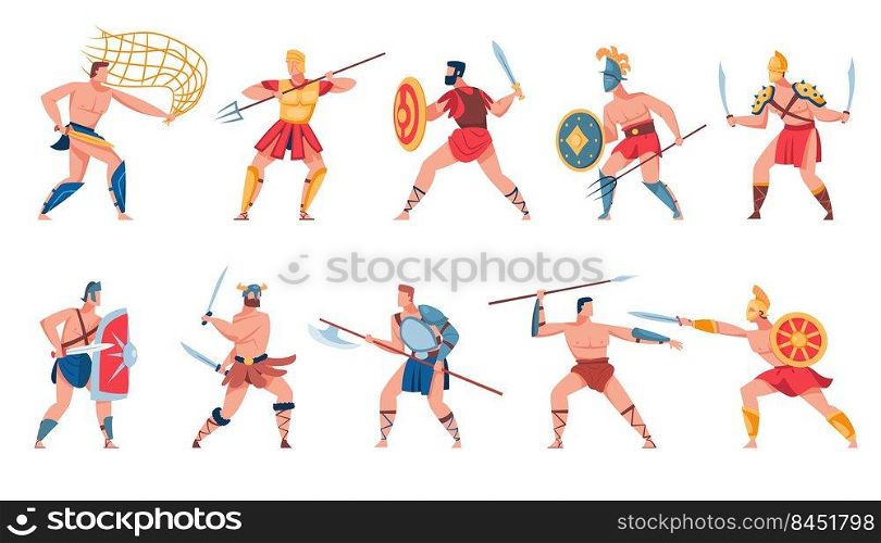 Ancient Roman soldiers set. Greek warriors, gladiators, mythology characters, Spartan soldiers with swords, shields, net, axes, spears. Vector illustration for army, empire, war, fight, weapon concept