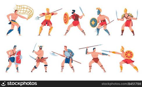 Ancient Roman soldiers set. Greek warriors, gladiators, mythology characters, Spartan soldiers with swords, shields, net, axes, spears. Vector illustration for army, empire, war, fight, weapon concept