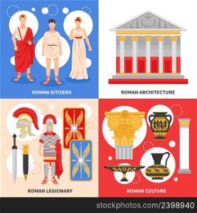 Ancient rome 4 flat icons square design concept with citizens legionary culture and architecture isolated vector illustration . Ancient Rome Flat Concept 