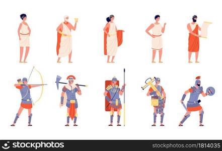 Ancient rome. Ancients people, isolated roman empire character. History greek medieval person, cartoon historical warrior emperor vector set. Ancient traditional citizen, roman and gladiator. Ancient rome. Ancients people, isolated roman empire character. History greek medieval person, cartoon historical warrior emperor vector set