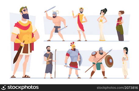 Ancient rome. Authentic clothes of rome traditional citizens medieval outfit coliseum warriors exact vector cartoon characters. Rome ancient traditional, culture archaic civilization illustration. Ancient rome. Authentic clothes of rome traditional citizens medieval outfit coliseum warriors exact vector cartoon characters