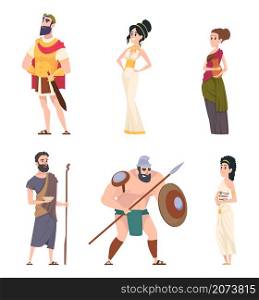 Ancient rome characters. Coliseum gladiator warriors with weapon citizens men traditional cultural persons exact vector people. Illustration ancient history, roman and greece gladiator. Ancient rome characters. Coliseum gladiator warriors with weapon citizens men traditional cultural persons exact vector people