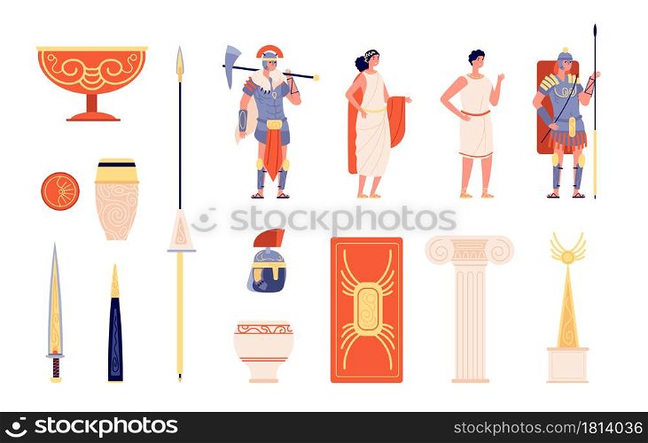 Ancient rome elements. People and weapons, isolated roman empire warrior. Greek amphora, europe historic culture symbols vector illustration. Historical warrior roman, ancient soldier antique elements. Ancient rome elements. People and weapons, isolated roman empire warrior. Greek amphora, europe historic culture symbols vector illustration