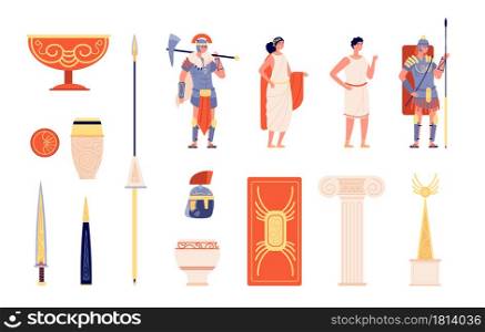 Ancient rome elements. People and weapons, isolated roman empire warrior. Greek amphora, europe historic culture symbols vector illustration. Historical warrior roman, ancient soldier antique elements. Ancient rome elements. People and weapons, isolated roman empire warrior. Greek amphora, europe historic culture symbols vector illustration