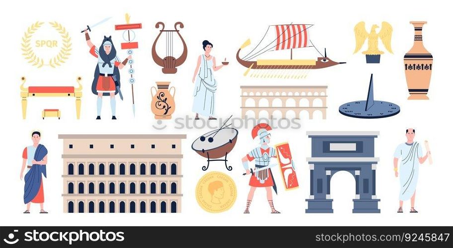 Ancient rome elements, roman weapons and buildings. Empire gladiators warriors, greek people characters. History flat recent vector collection of culture historical, costume military illustration. Ancient rome elements, roman weapons and buildings. Empire gladiators warriors, greek people characters. History flat recent vector collection