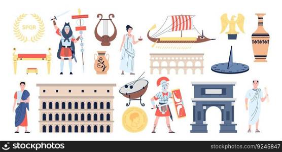 Ancient rome elements, roman weapons and buildings. Empire gladiators warriors, greek people characters. History flat recent vector collection of culture historical, costume military illustration. Ancient rome elements, roman weapons and buildings. Empire gladiators warriors, greek people characters. History flat recent vector collection