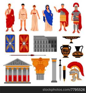 Ancient rome empire set of isolated flat images with pantheons legionnaire outfit weapons and human characters vector illustration. Imperial Rome Icons Set