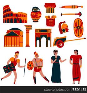 Ancient rome empire set of isolated icons and flat human characters of legionary warriors and people vector illustration . Ancient Rome Icon Set
