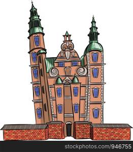 Ancient royal castle with Rosenborg towers. Color vector illustration on a white background. Copenhagen. Denmark.. Vector. Facade of the beautiful Rosenborg castle. Copenhagen.