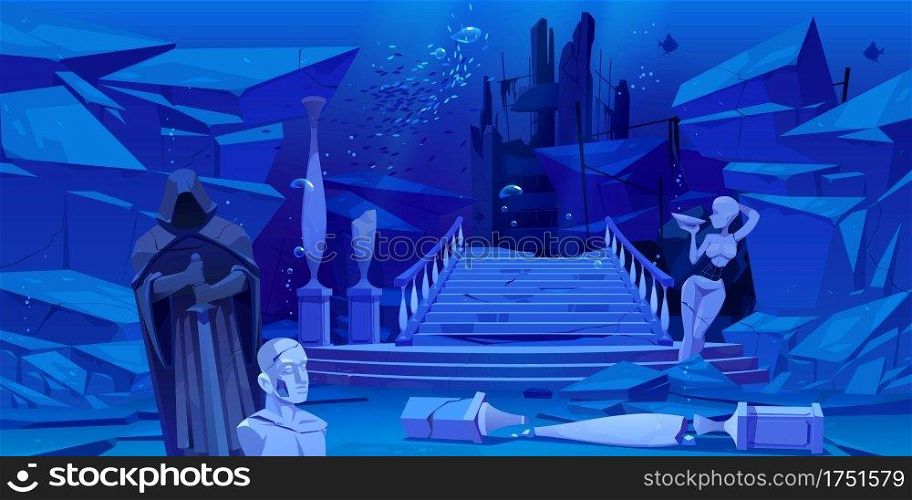 Ancient ruins, old architecture sunken under water in sea or ocean. Vector cartoon illustration of underwater landscape with broken columns, statues, destroyed buildings, stones and fishes. Ancient ruins, old architecture sunken under water