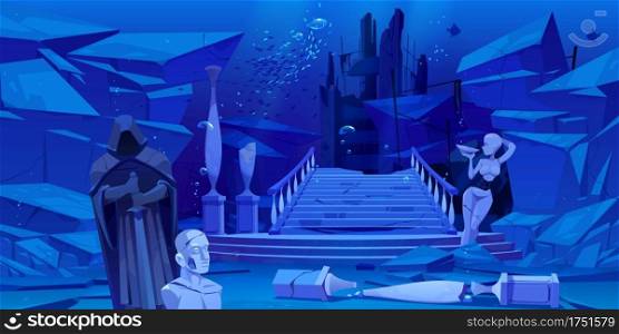 Ancient ruins, old architecture sunken under water in sea or ocean. Vector cartoon illustration of underwater landscape with broken columns, statues, destroyed buildings, stones and fishes. Ancient ruins, old architecture sunken under water