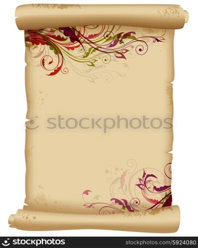Ancient scroll with floral ornaments. Decorative vintage background.