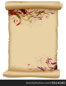 Ancient scroll with floral ornaments. Decorative vintage background.