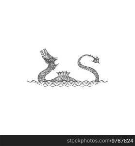 Ancient sea serpent dragon leviathan animal sketch isolated monochrome icon. Vector abaia fantastic fierce, mystic danger mythical depth horror, retro biblical history leviathan animal in ocean waves. Serpent dragon ancient age big deep loch fin demon