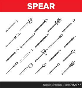 Ancient Spears Weapon Vector Linear Icons Set. Medieval Spears, Arrows. Fighting, War And Battle Outline Symbols Pack. Antique Soldiers And Warriors Armour Isolated Contour Illustrations. Ancient Spears Weapon Vector Linear Icons Set