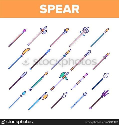 Ancient Spears Weapon Vector Linear Icons Set. Medieval Spears, Arrows. Fighting, War And Battle Outline Symbols Pack. Antique Soldiers And Warriors Armour Isolated Contour Illustrations. Ancient Spears Weapon Vector Linear Icons Set