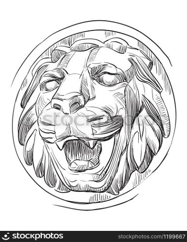 Ancient stone bas-relief in the form of a lion&rsquo;s head with open mouth, vector hand drawing illustration in black color isolated on white background