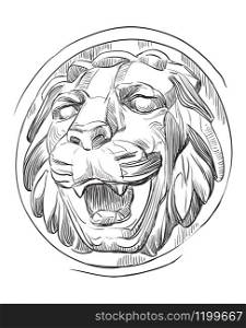 Ancient stone bas-relief in the form of a lion&rsquo;s head with open mouth, vector hand drawing illustration in black color isolated on white background