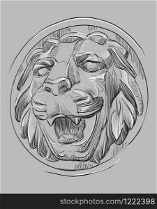Ancient stone bas-relief in the form of a lion&rsquo;s head with open mouth, vector hand drawing illustration in black and white colors isolated on grey background