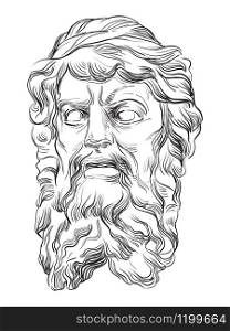 Ancient stone bas-relief in the shape of a human head with beard, vector hand drawing illustration in black color isolated on white background.