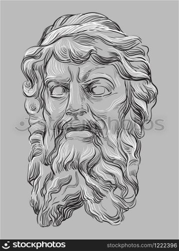 Ancient stone bas-relief in the shape of a human head with beard, vector hand drawing illustration in black and white colors isolated on grey background.