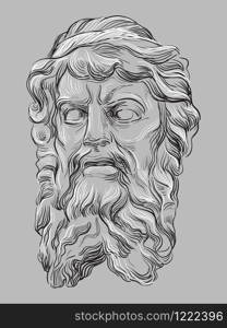 Ancient stone bas-relief in the shape of a human head with beard, vector hand drawing illustration in black and white colors isolated on grey background.