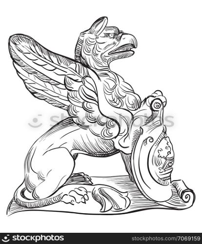Ancient stone sculpture of griffin, sitting in profile. Vector hand drawing illustration in black color isolated on white background.
