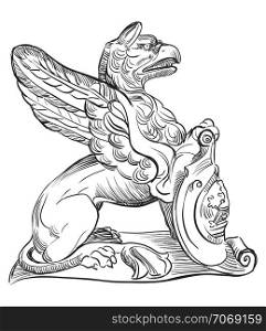 Ancient stone sculpture of griffin, sitting in profile. Vector hand drawing illustration in black color isolated on white background.