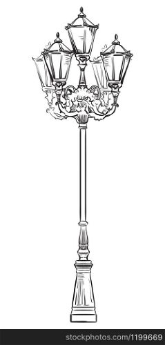 Ancient street lamp in classic style with decorative elements. Vector hand drawing illustration in black color isolated on white background
