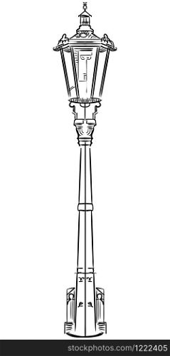 Ancient street lamp. Vector hand drawing illustration in black color isolated on white background