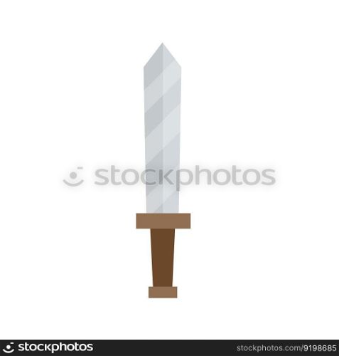 Ancient sword. Sharp blade with brown handle. A short blade. Gray steel. Swordsman soldier inventory item. Cartoon flat illustration. Ancient sword. Sharp blade with brown handle