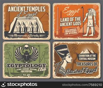 Ancient temples of Egypt, egyptology and land of Gods. Vector religion god Horus with falcon head, Nefertiti, religion, culture and travel theme. Egyptian scarab, pharaoh pyramid and tutankhamun. Egypt museums, religious statues, temples and gods