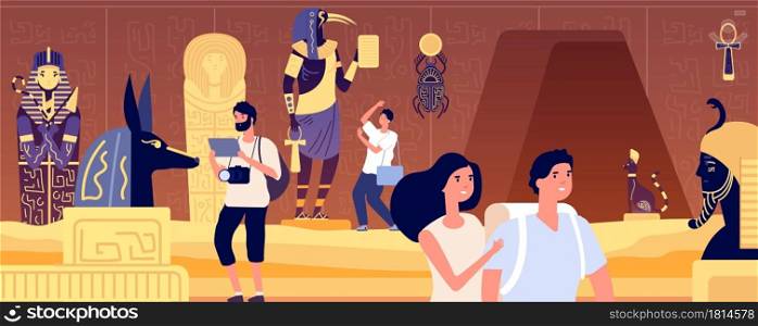 Ancient tomb. Underground egyptian burial, pyramid chamber for tourists. Pharaoh sarcophagus, egypt gods sculpture utter vector illustration. Egyptian museum interior with travellers. Ancient tomb. Underground egyptian burial, pyramid chamber for tourists. Pharaoh sarcophagus, egypt gods sculpture utter vector illustration