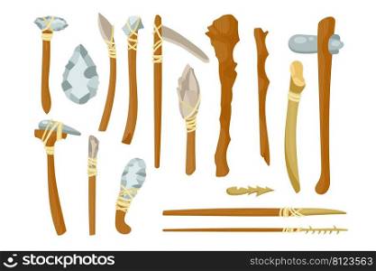 Ancient tools from bones and stones vector illustrations set. Primitive weapons of prehistoric people or barbarians for hunting, knife, axe isolated on white background. History, Stone age concept