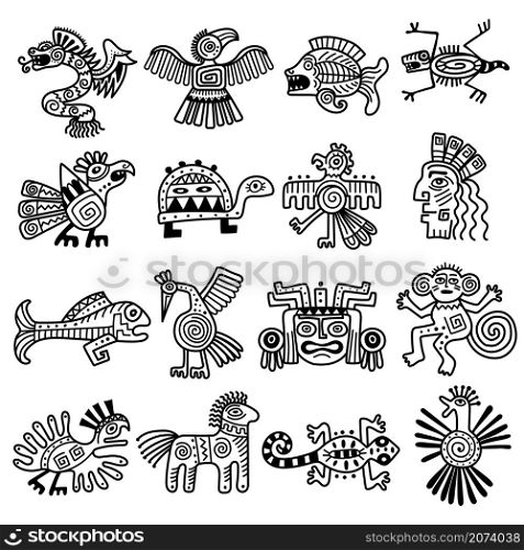 Ancient tribal logo. Mexican aztec icons animals decoration mayan pattern recent vector collection. Ancient mayan history logo, culture indigenous animals illustration. Ancient tribal logo. Mexican aztec icons animals decoration mayan pattern recent vector collection
