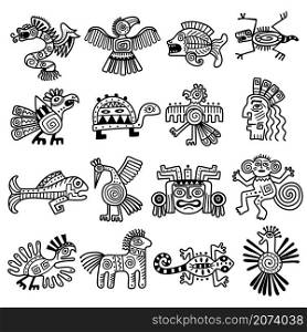 Ancient tribal logo. Mexican aztec icons animals decoration mayan pattern recent vector collection. Ancient mayan history logo, culture indigenous animals illustration. Ancient tribal logo. Mexican aztec icons animals decoration mayan pattern recent vector collection
