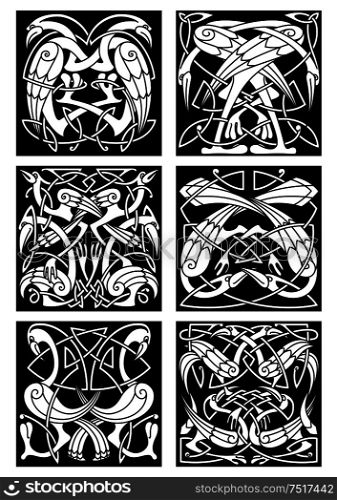 Ancient tribal patterns of fantastic birds with black and white ethnic celtic knot ornament of entwined herons, storks and cranes. Great for tattoo, t-shirt print or vintage embellishment design. Celtic knot ornament with fantastic birds