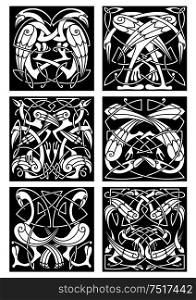 Ancient tribal patterns of fantastic birds with black and white ethnic celtic knot ornament of entwined herons, storks and cranes. Great for tattoo, t-shirt print or vintage embellishment design. Celtic knot ornament with fantastic birds